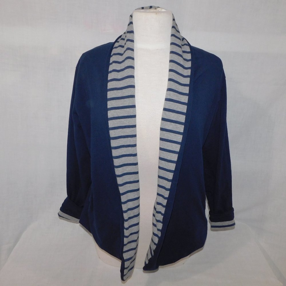 Eddie Bauer Striped Open reversible Cardigan Navy Blue / Gray Womens M